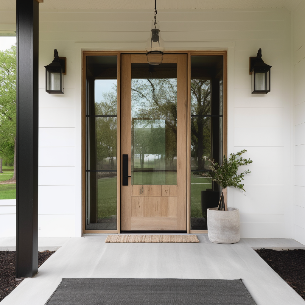 Modern 3/4 Glass and Oak Door with Full Glass Sidelights, shiplap modern farmhouse porch exterior