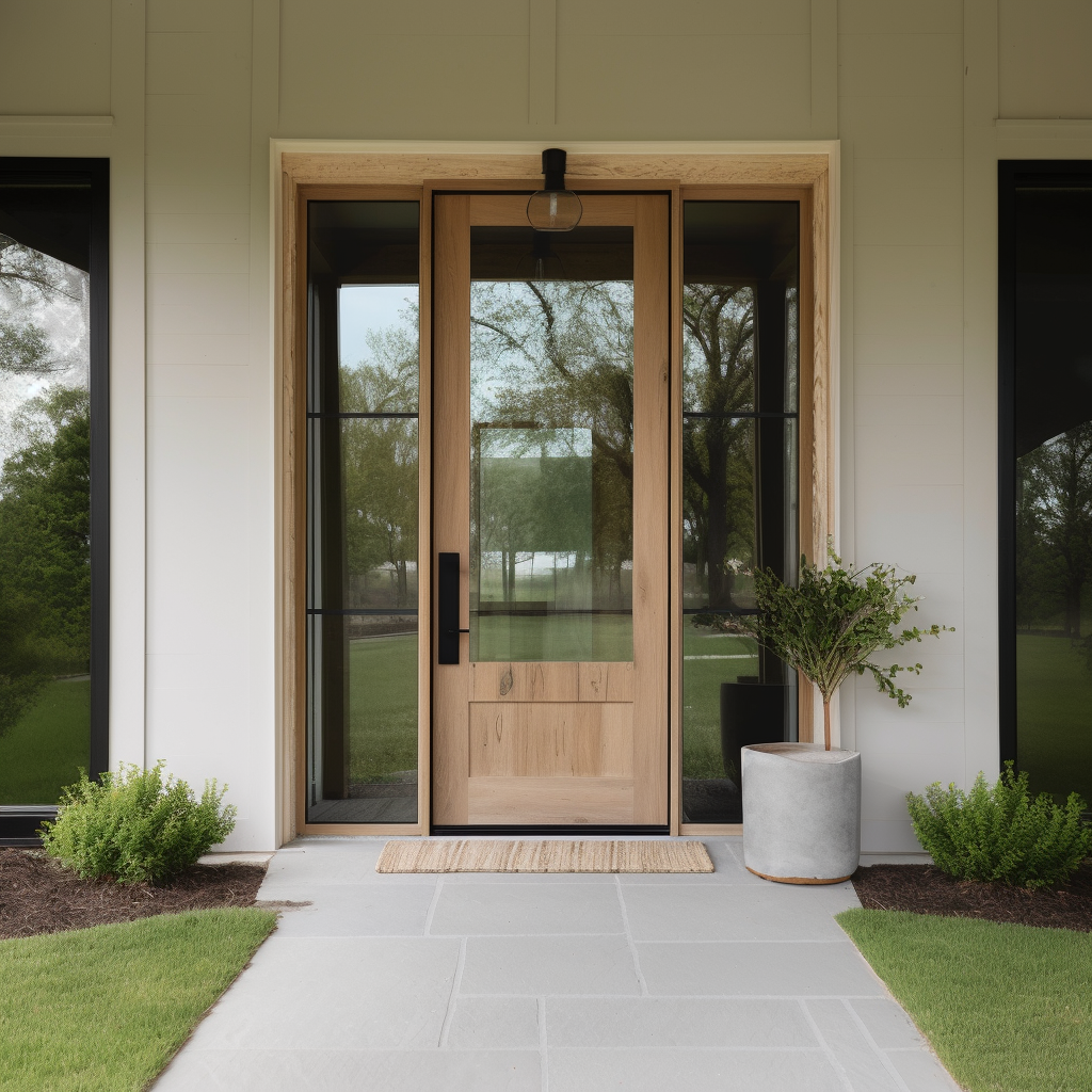 Modern 3/4 Glass and Oak Door with Full Glass Sidelights, board and batten siding