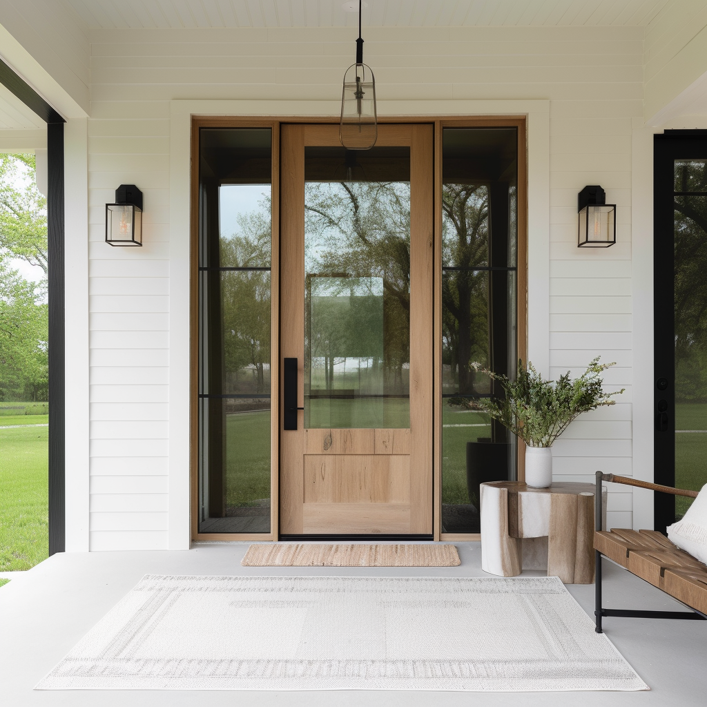 Modern 3/4 Glass and Oak Door with Full Glass Sidelights, white siding, porch exterior