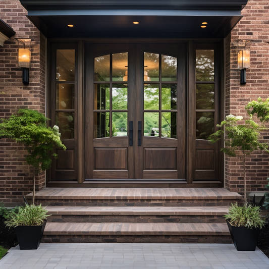 customizable, handcrafted, bench built walnut and glass double front door. Pictured in a brick home with sidelights.