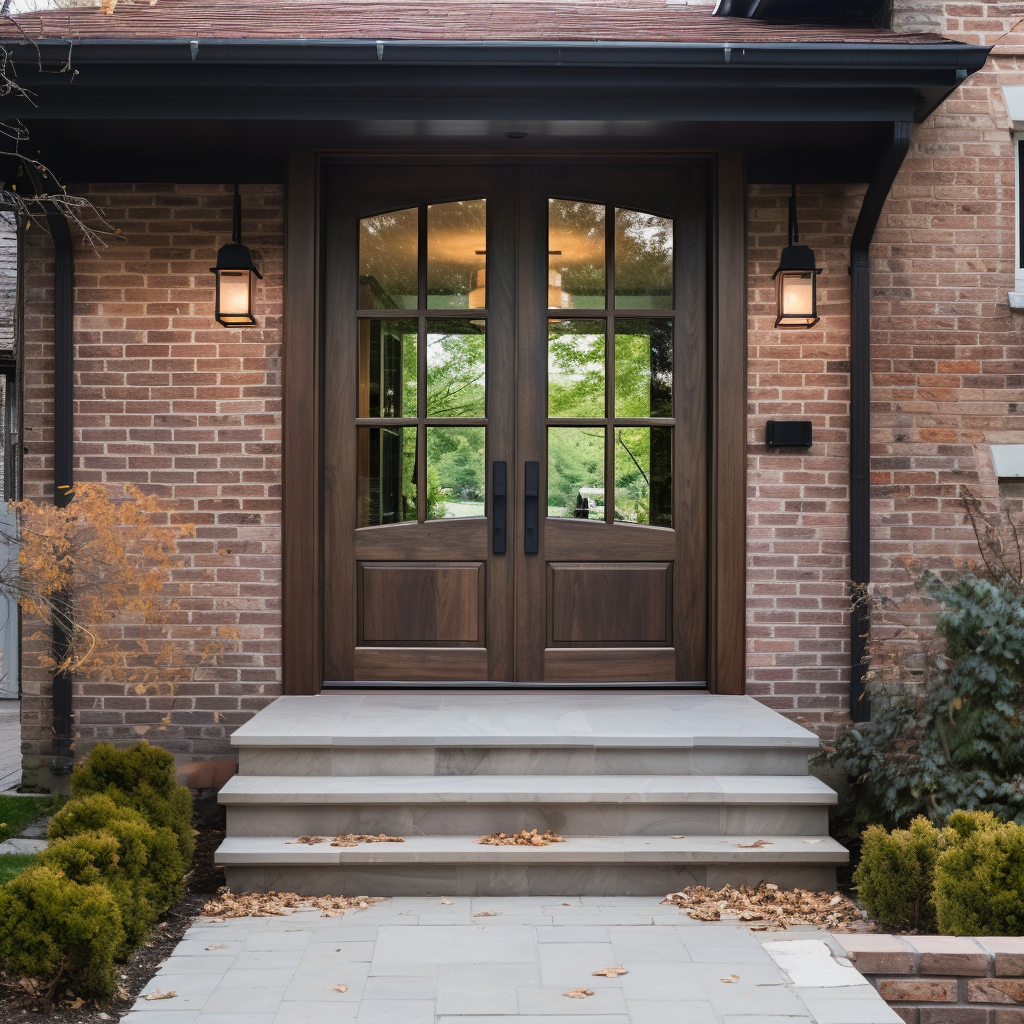 customizable, handcrafted, bench built walnut and glass double front door. Pictured in a brick home.