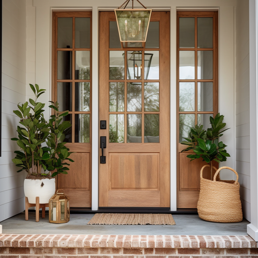solid white oak and glass handcrafted front porch ideas for a planter entryway, in the style of light brown and brown, 32k uhd, southern countryside, layered textures, shapes, soft lighting, high quality photo, natural fibers
