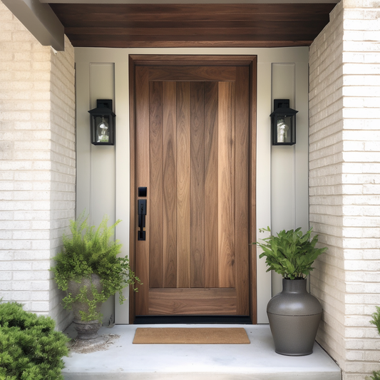 a solid walnut exterior wood door with potted plants on the steps, in the style of precisionist lines and shapes, boldly textured surfaces, traditional techniques reimagined, precisionist lines, hard-edge style, silhouette lighting, functional aesthetics, handcrafted