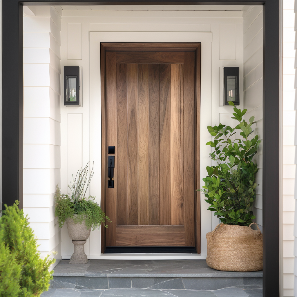 solid handcrafted walnut front door in front porch with plants in pots, in the style of varying wood grains, precisionist lines, industrial and product design, 8k, cottagecore, hard-edge style, clean-lined