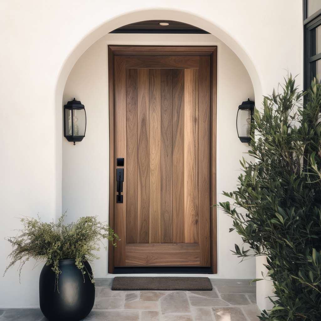 solid walnut front door with a wooden plank design and white trim, arch porch entry, in the style of 32k uhd, mediterranean landscapes, american studio craft movement, polished surfaces, post-minimalism, handcradfted, made in usa