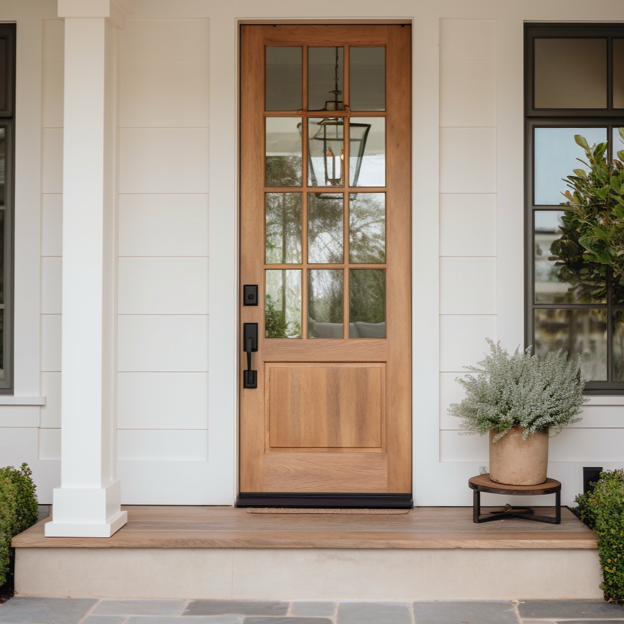 a front door with a small potted plant on front steps, in the style of precisionist style, prairiecore, light white and light brown, timeless artistry, southern countryside, 8k, modern and sleek solid white oak and glass, handcrafted, made in america, customizable
